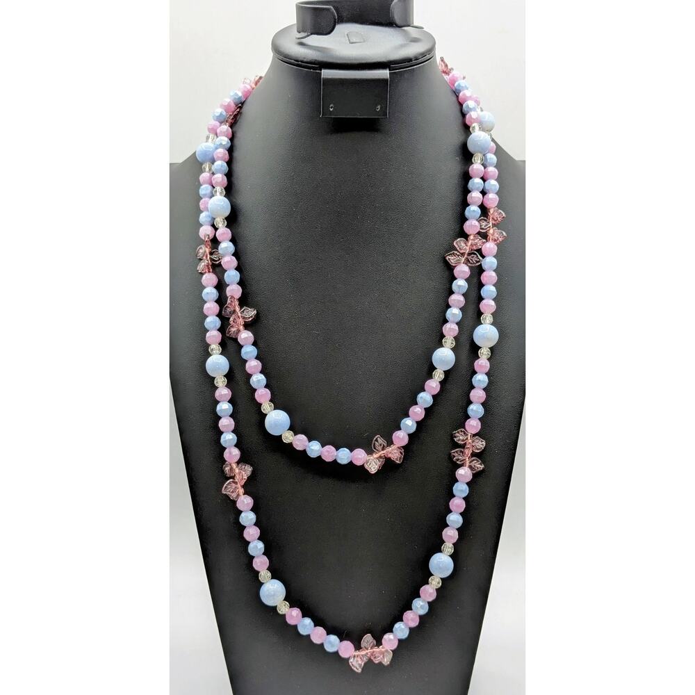 Vintage 60" Lavender Blue Acrylic & Glass & Leafy Beaded Necklace